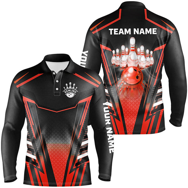 Men bowling Polo, Quarter Zip shirts Custom black & red Bowling ball pins Team Jerseys bowling apparel NQS8521