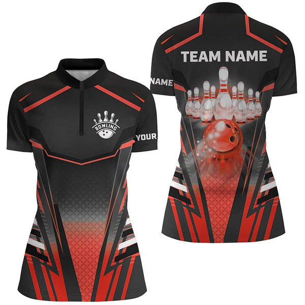 Women bowling Polo, Quarter Zip shirts Custom black & red Bowling ball pin Team Jersey bowling apparel NQS8521
