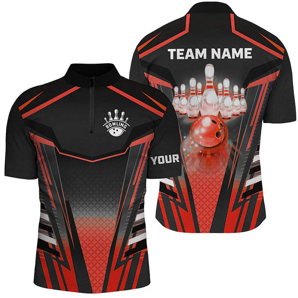 Men bowling Polo, Quarter Zip shirts Custom black & red Bowling ball pins Team Jerseys bowling apparel NQS8521