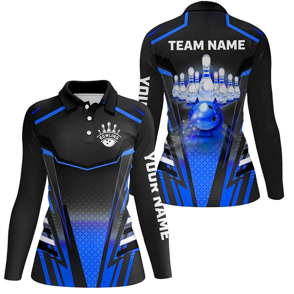 Women bowling Polo, Quarter Zip shirt Custom black & blue Bowling ball pin Team Jersey bowling apparel NQS8522