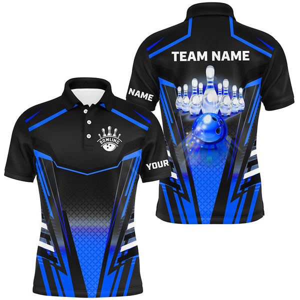 Men bowling Polo, Quarter Zip shirts Custom black & blue Bowling ball pins Team Jersey bowling apparel NQS8522