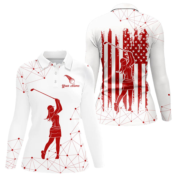 Red and White Pattern American Flag Women Golf Polo Shirts custom patriotic golf attire for ladies NQS9243