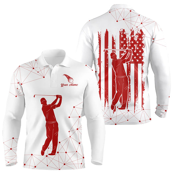 Red and White Pattern American Flag Mens Golf Polo Shirts custom patriotic golf attire for Mens NQS9243