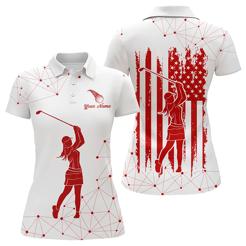 Red and White Pattern American Flag Women Golf Polo Shirts custom patriotic golf attire for ladies NQS9243