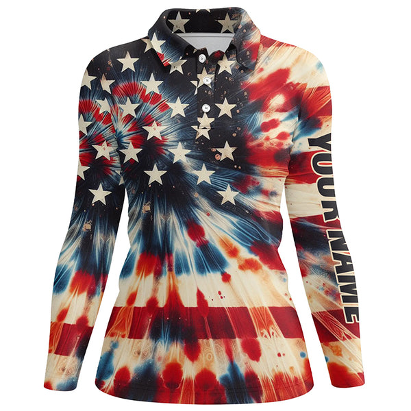 American flag tie dye pattern Womens golf polo shirt custom name patriotic ladies golf shirts NQS7064
