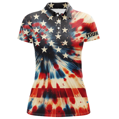 American flag tie dye pattern Womens golf polo shirt custom name patriotic ladies golf shirts NQS7064