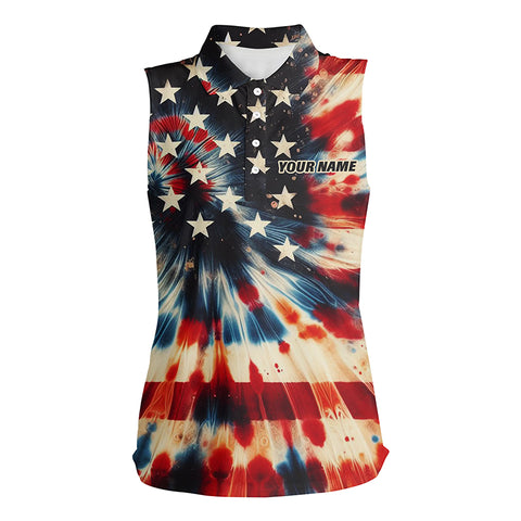 American flag tie dye pattern Women sleeveless polos shirt custom name patriotic ladies golf shirts NQS7064