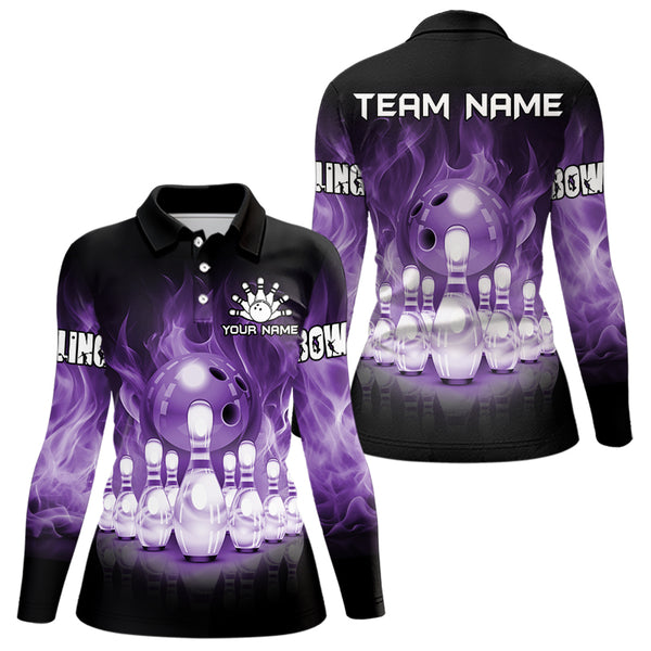 Black And Purple Flame Bowling ball pins Custom Bowling Shirts For Women, Bowling Team Shirt NQS9741