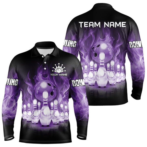Black And Purple Flame Bowling ball pins Custom Bowling Shirts For Men, Bowling Team Shirt NQS9741