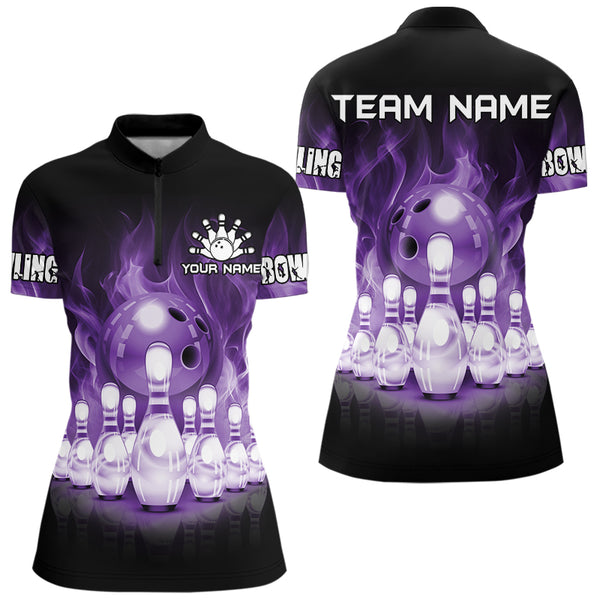 Black And Purple Flame Bowling ball pins Custom Bowling Shirts For Women, Bowling Team Shirt NQS9741