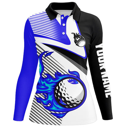 Womens golf polo shirts custom flame golf ball fire golf apparel for ladies, unique golf gifts | Blue NQS7520