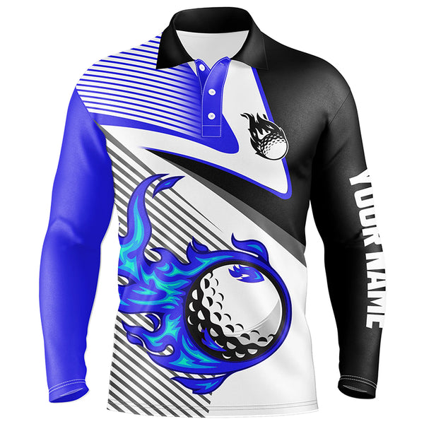 Mens golf polo shirts custom flame golf ball fire golf apparel for men, unique golf gifts | Blue NQS7520