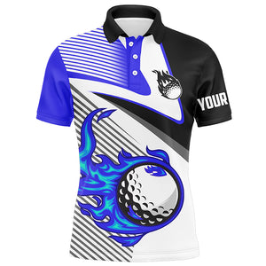 Mens golf polo shirts custom flame golf ball fire golf apparel for men, unique golf gifts | Blue NQS7520