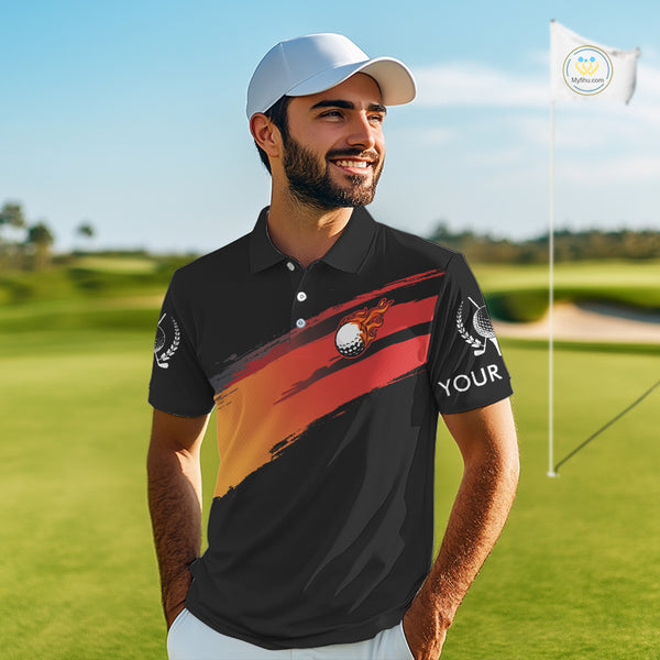 Black and Orange gradient flame golf ball Men golf polo shirts custom mens golf clothes, golfer gifts NQS10168