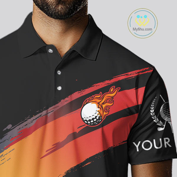Black and Orange gradient flame golf ball Men golf polo shirts custom mens golf clothes, golfer gifts NQS10168