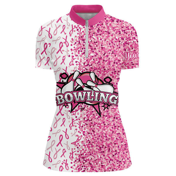 Pink glitter ribbon pattern Custom Bowing Shirts For Women, Breast Cancer Awareness bowling jerseys NQS8104
