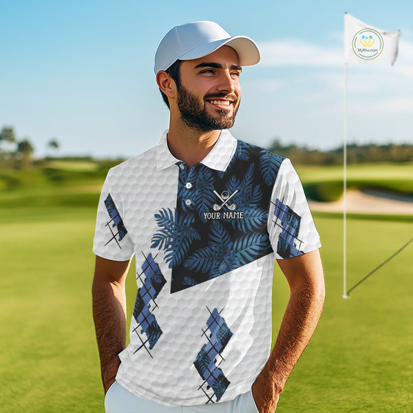 Blue tropical argyle pattern white golf polos shirts for men custom mens golf top, best golf gifts NQS10303