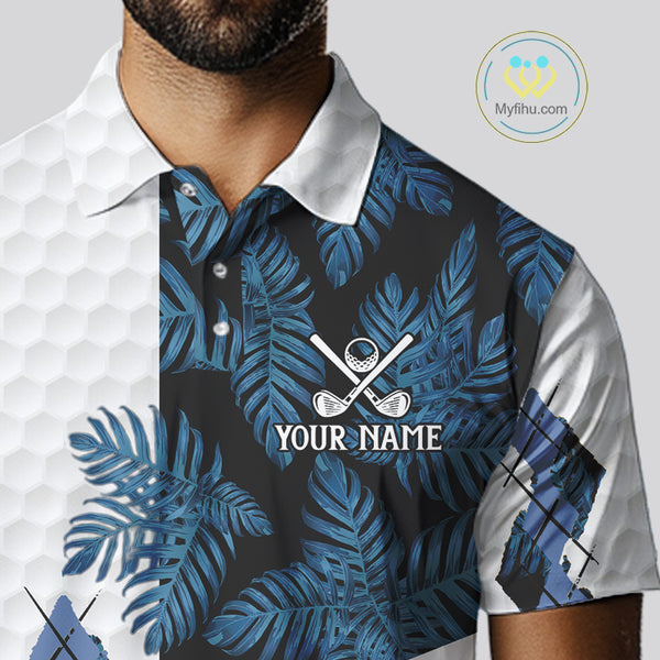 Blue tropical argyle pattern white golf polos shirts for men custom mens golf top, best golf gifts NQS10303