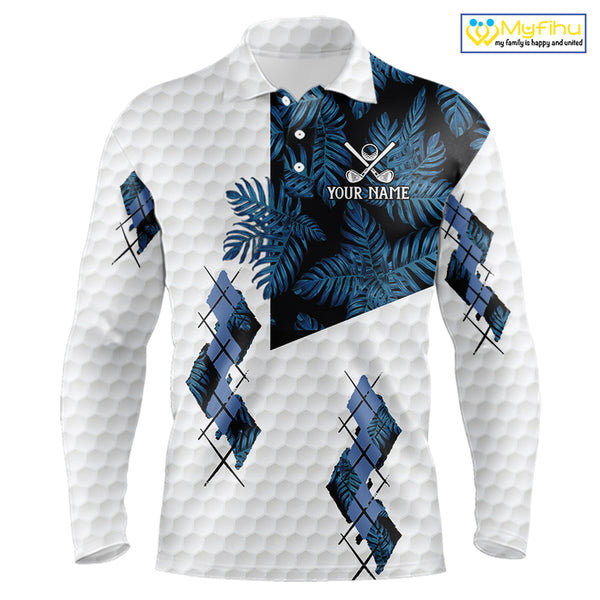 Blue tropical argyle pattern white golf polos shirts for men custom mens golf top, best golf gifts NQS10303