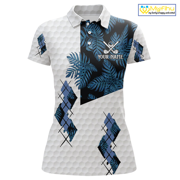 Blue tropical argyle pattern white golf polos shirts for Women custom ladies golf top, best golf gift NQS10303
