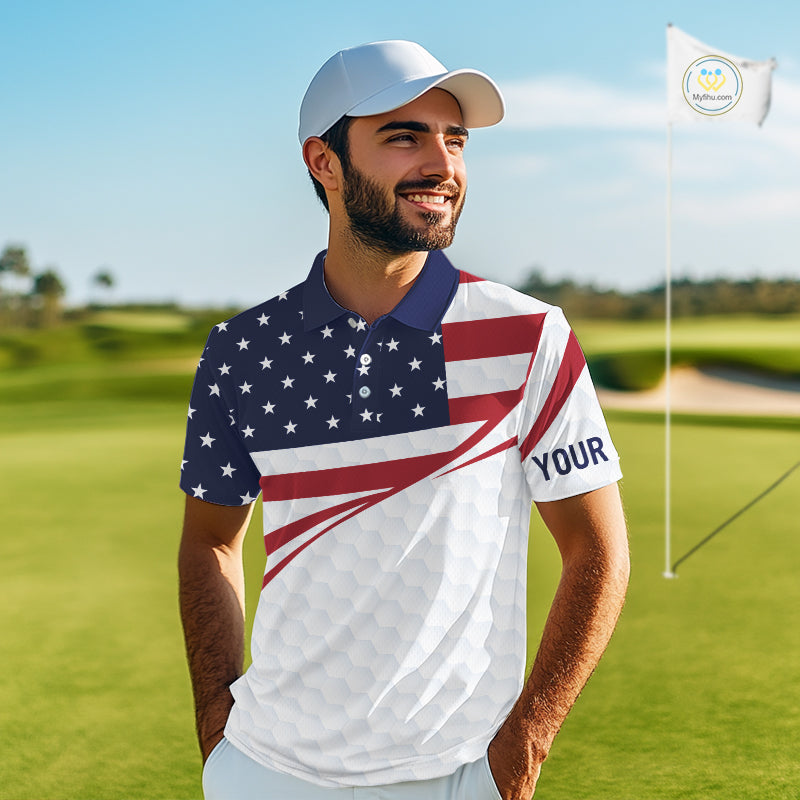 Red, White and Blue American Flag Golf polos shirts for men custom patriotic mens golf attire NQS10304