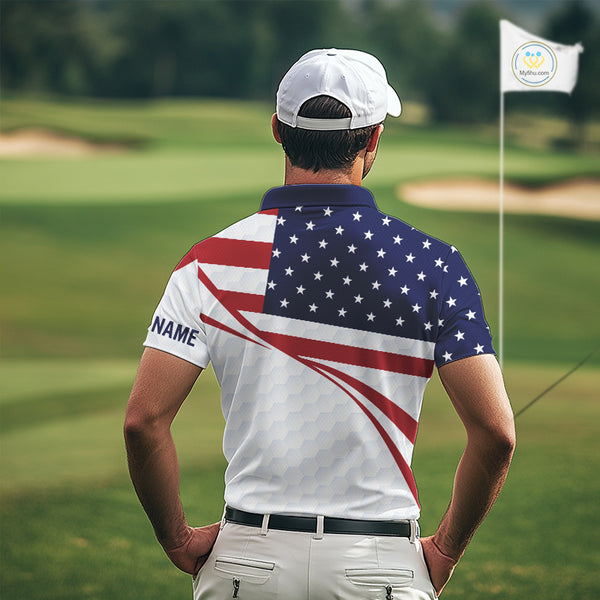 Red, White and Blue American Flag Golf polos shirts for men custom patriotic mens golf attire NQS10304