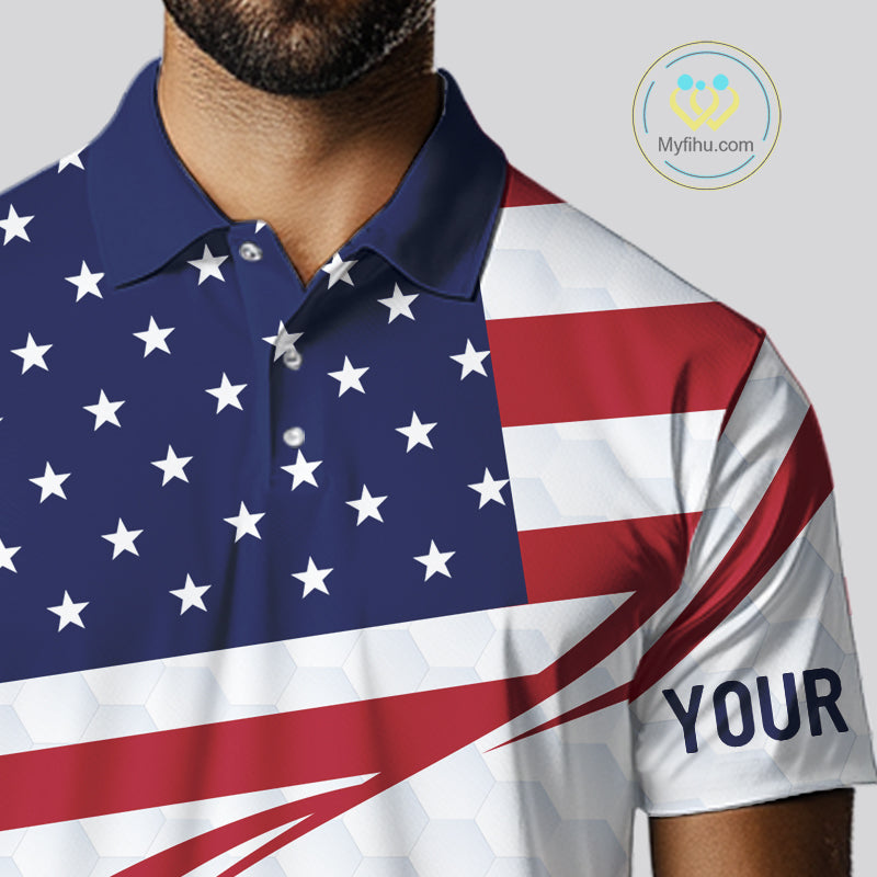 Red, White and Blue American Flag Golf polos shirts for men custom patriotic mens golf attire NQS10304