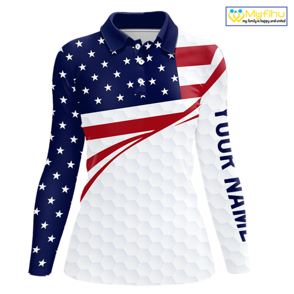 Red, White and Blue American Flag Golf polos shirts for Women custom patriotic ladies golf attire NQS10304