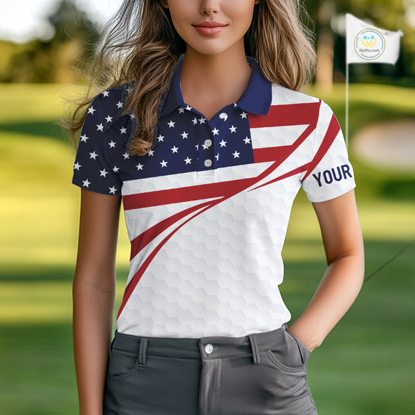 Red, White and Blue American Flag Golf polos shirts for Women custom patriotic ladies golf attire NQS10304