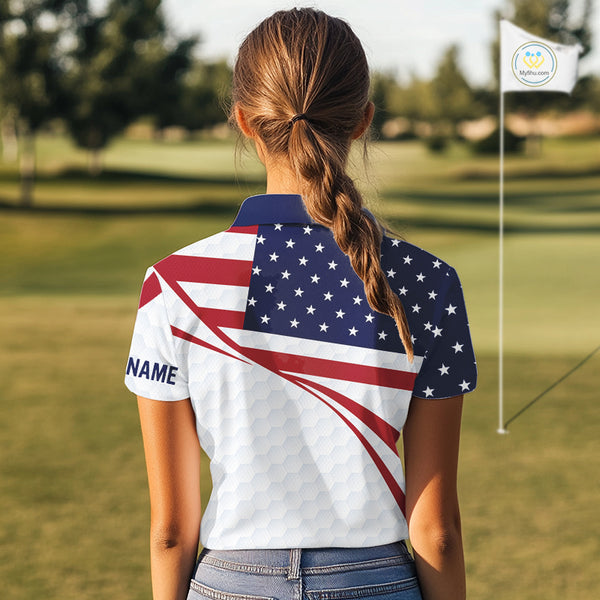 Red, White and Blue American Flag Golf polos shirts for Women custom patriotic ladies golf attire NQS10304