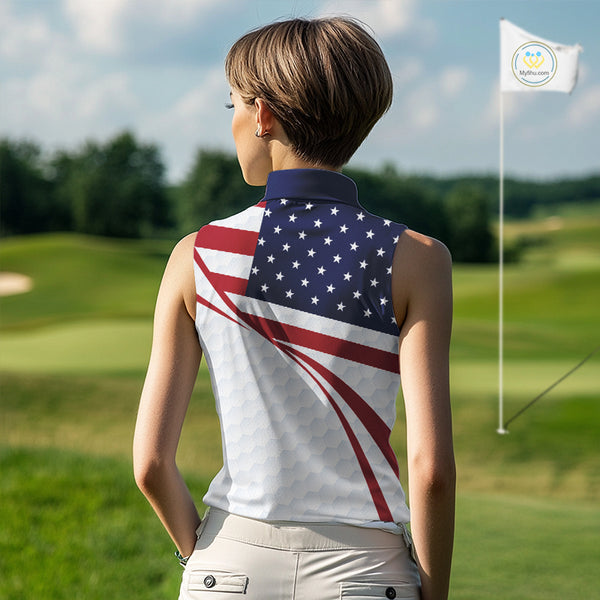 Red, White and Blue American Flag Sleeveless Polo shirt for Women custom patriotic ladies golf attire NQS10304