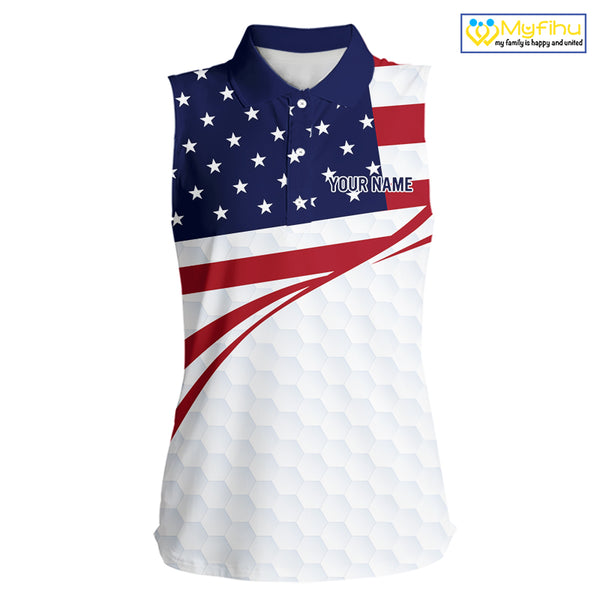Red, White and Blue American Flag Sleeveless Polo shirt for Women custom patriotic ladies golf attire NQS10304