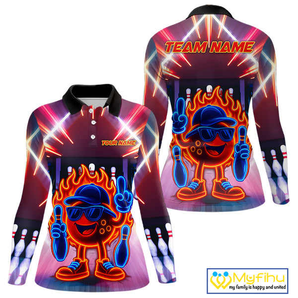 Funny Flame Neon Bowling Ball Women Bowling Polo, Quarter Zip Shirts Custom Bowling Team jersey NQS10306