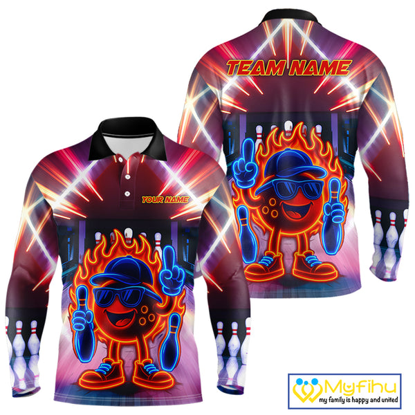 Funny Flame Neon Bowling Ball Mens Bowling Polo, Quarter Zip Shirts Custom Bowling Team jersey NQS10306