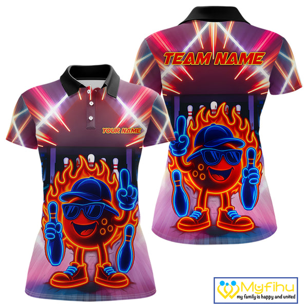 Funny Flame Neon Bowling Ball Women Bowling Polo, Quarter Zip Shirts Custom Bowling Team jersey NQS10306