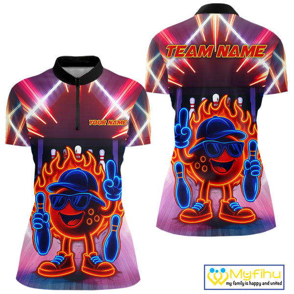 Funny Flame Neon Bowling Ball Women Bowling Polo, Quarter Zip Shirts Custom Bowling Team jersey NQS10306