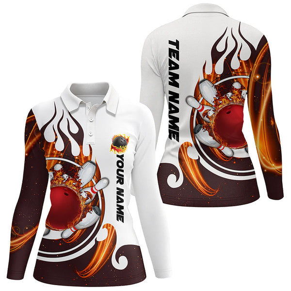 White Bowling polo Shirt for women Custom flame bowling ball pins Jerseys NQS6449
