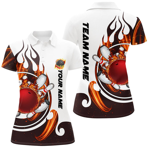 White Bowling polo Shirt for women Custom flame bowling ball pins Jerseys NQS6449