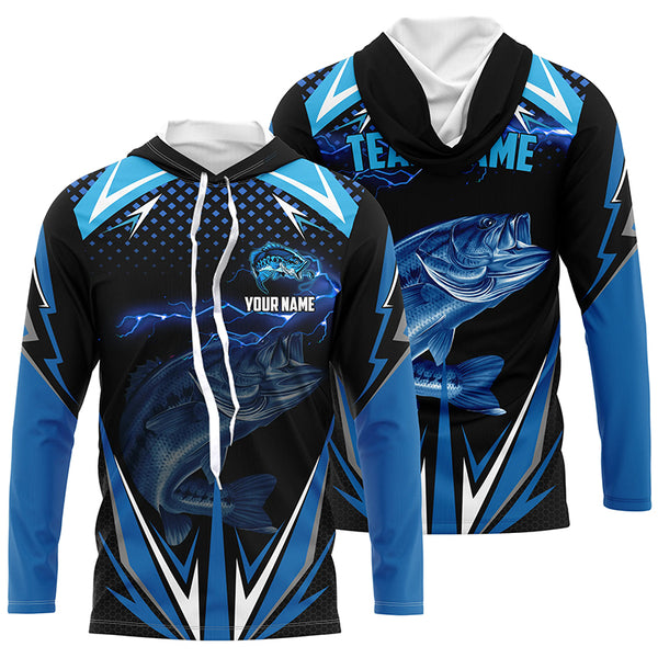 Black Largemouth Bass Fishing Custom blue lightning Long Sleeve Performance Fishing shirts for mens NQS6689