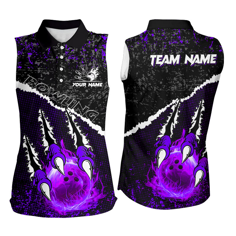 Purple Flame Bowling Ball Black Camo Bowling Sleeveless Polo shirts custom Team bowling League jerseys NQS9006