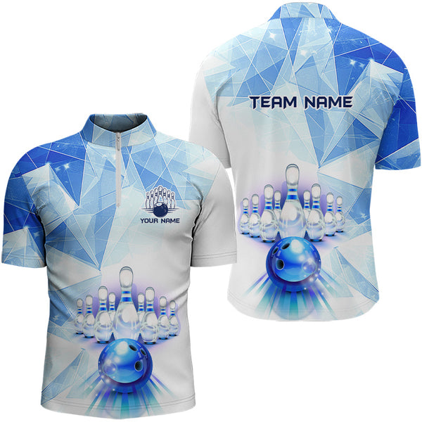 Blue and White Bowling Ball and Pins Bowling shirts for Men custom Team bowling League jerseys NQS9011