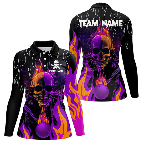 Personalized Purple Flame Skull Bowling Polo, Quarter Zip Shirts For Women Custom Team Bowling Jerseys NQS9252