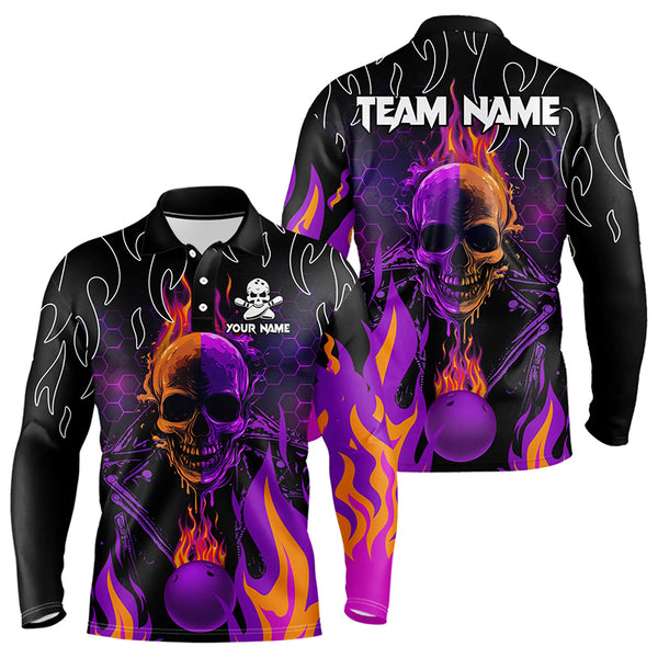 Personalized Purple Flame Skull Bowling Polo, Quarter Zip Shirts For Men Custom Team Bowling Jerseys NQS9252