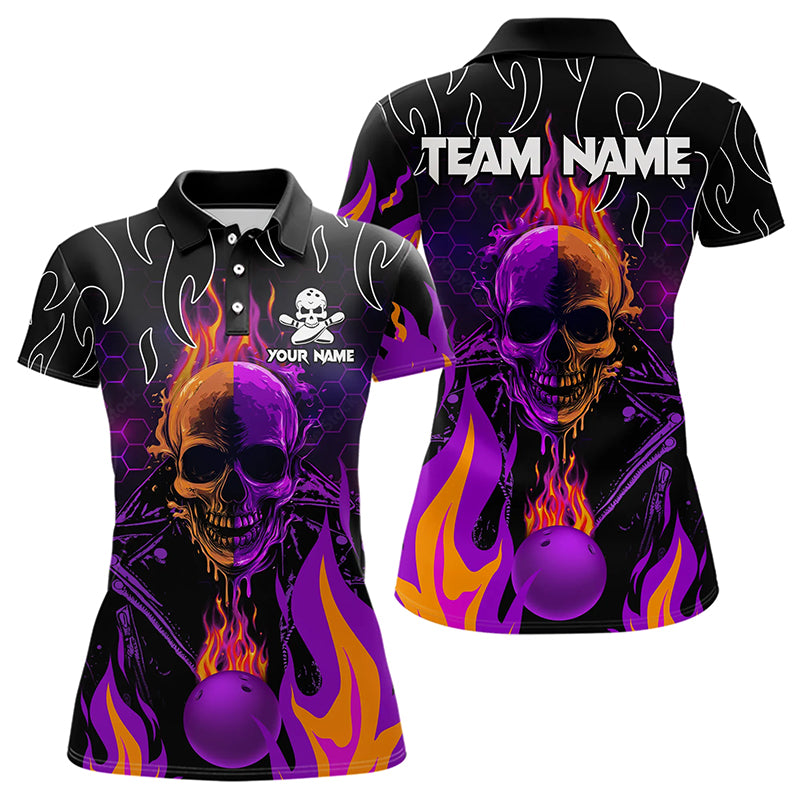 Personalized Purple Flame Skull Bowling Polo, Quarter Zip Shirts For Women Custom Team Bowling Jerseys NQS9252