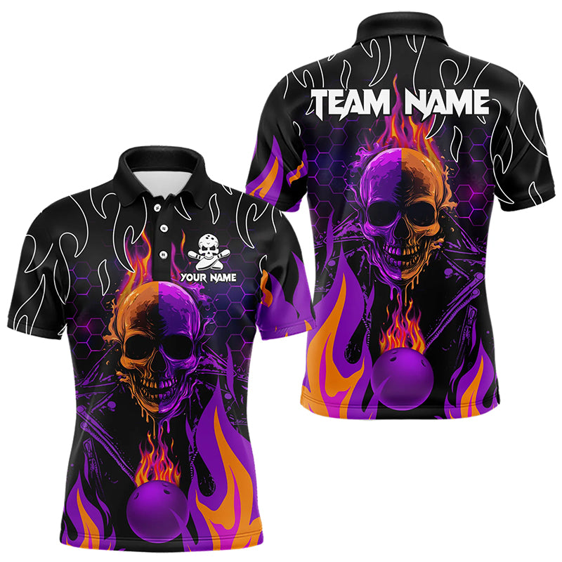 Personalized Purple Flame Skull Bowling Polo, Quarter Zip Shirts For Men Custom Team Bowling Jerseys NQS9252