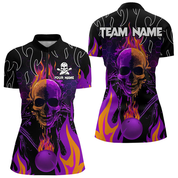 Personalized Purple Flame Skull Bowling Polo, Quarter Zip Shirts For Women Custom Team Bowling Jerseys NQS9252