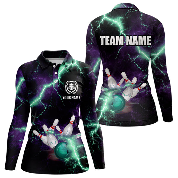Women bowling shirts Custom Purple green lightning thunder Bowling Team Jersey, gift for team Bowlers NQS9601