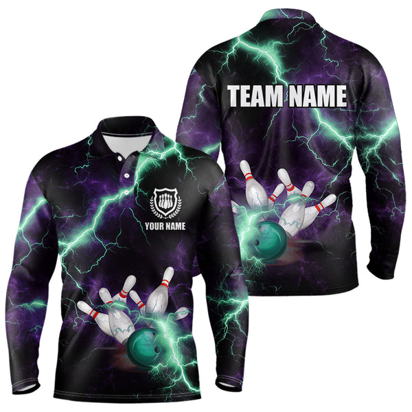Men bowling shirts Custom Purple green lightning thunder Bowling Team Jersey, gift for team Bowlers NQS9601