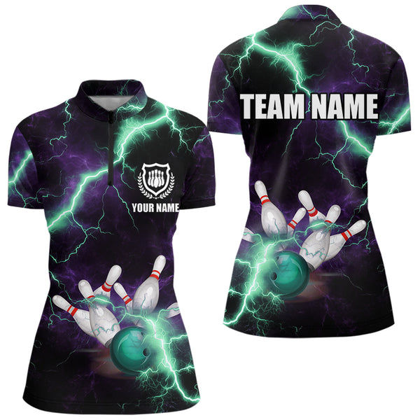 Women bowling shirts Custom Purple green lightning thunder Bowling Team Jersey, gift for team Bowlers NQS9601