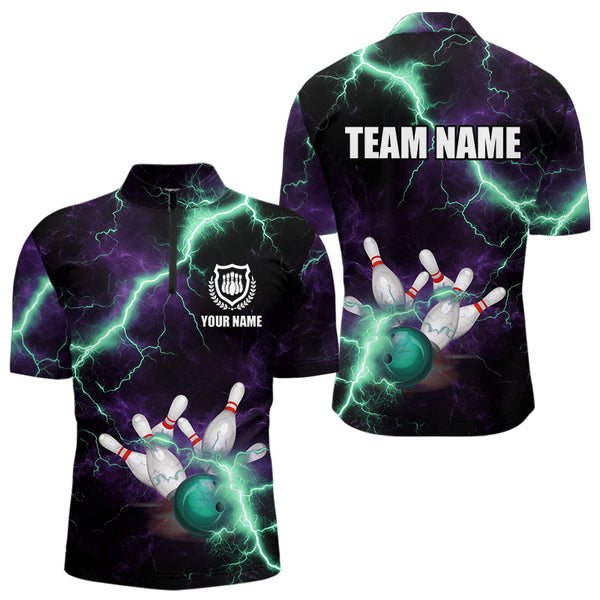 Men bowling shirts Custom Purple green lightning thunder Bowling Team Jersey, gift for team Bowlers NQS9601